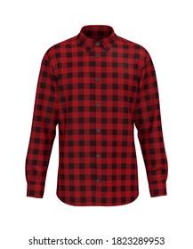 Men's Gingham Long Sleeve Shirt, Front View Shirt, 3d Rendering, 3d Illustration