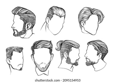 Mens Hairstyles And Beards On A White Background. Digital Illustration With Imitation Of A Pencil Line. Set Of Hairstyles For Short Hair