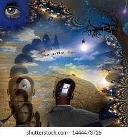 Men's Heads With Puzzles And Questions. Door To Another World. Endless Parallel Worlds. 3D Rendering