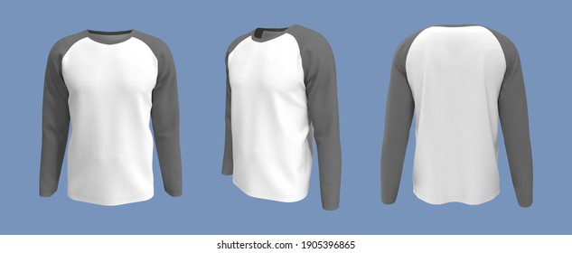 men's long-sleeve raglan t-shirt mockup in front, side and back views, design presentation for print, 3d illustration, 3d rendering