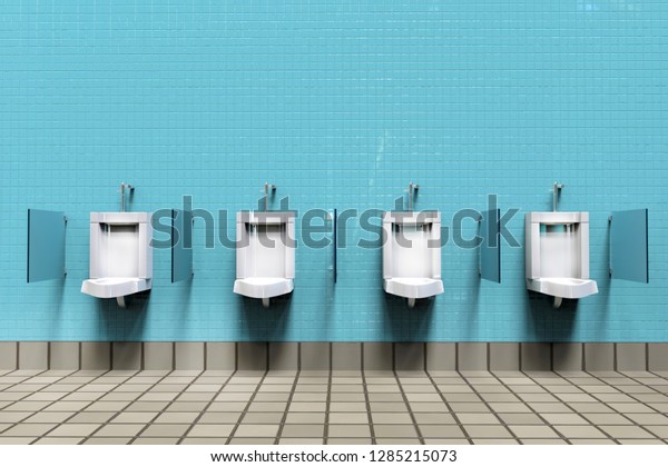 Men\'s room with white porcelain\
urinals in line. Modern clean public toilets with tiles . Comfort\
male toilet urinal concept. 3d illustration\
rendering