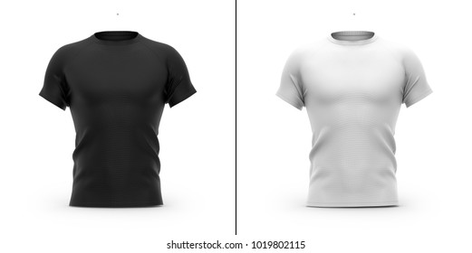 Men's t shirt with round neck and raglan sleeves. Front view. 3d rendering. Clipping paths included: whole, collar, sleeves. Isolated on white background. Shadows and highlights mock-up templates.