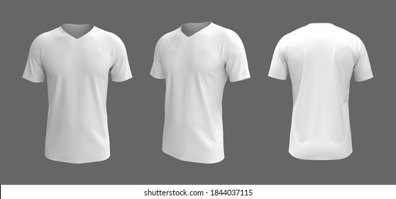 Men's V Neck Blank T-shirt Mockup, Front, Side And Back Views, Design Presentation For Print, 3d Illustration, 3d Rendering