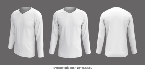 men's V neck blank t-shirt mockup, front, side and back views, design presentation for print, 3d illustration, 3d rendering