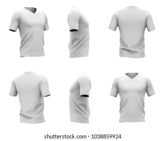Men's white v-neck t-shirt with short sleeves. Six views. 3d rendering. 