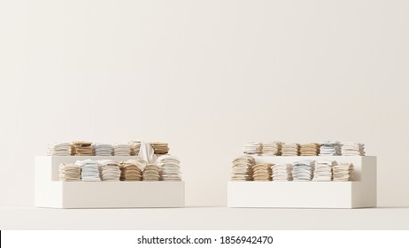 Mens And Women Cloth Shelf, Store Shelf. Clothes On Podium, Shelf On Cream And Neutral Beige Colors Background. 3d Rendering, Sale Store And Branding Concept