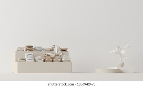 Mens And Women Cloth Shelf, Store Shelf. Clothes On Podium, Shelf On Cream And Neutral Beige Colors Background. 3d Rendering, Sale Store And Branding Concept