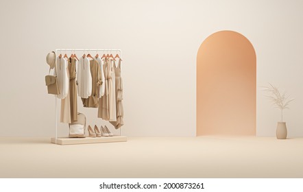 Mens And Women Cloth Shelf, Store Shelf. Clothes On Podium, Shelf On Cream And Neutral Beige Colors Background. Collection Of Clothes Hanging On A Rack In Neutral Beige Colors. 3d Rendering