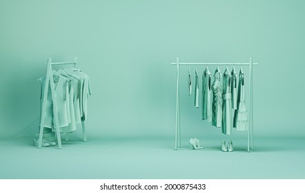 Mens And Women Cloth Shelf, Store Shelf. Clothes On Podium, Shelf On Pastel Blue  And Neutral Green Colors Background. Collection Of Clothes Hanging On A Rack . 3d Rendering