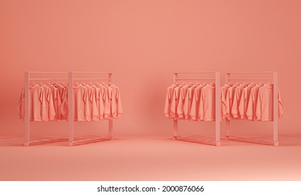 Mens and women cloth shelf, store shelf. Clothes on podium, shelf on pastel pink colors background. Collection of clothes hanging on a rack in neutral coral colors. 3d rendering