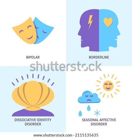 Mental disorders icon set in flat style. Borderline personality, seasonal affective , bipolar and dissociative identity disorder.