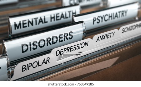 Mental health concept. File with a list of psychiatric disorders. 3D illustration