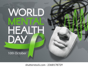 Mental Health Day. Banner with green ribbon, text, and human face. 3d illustration. - Powered by Shutterstock