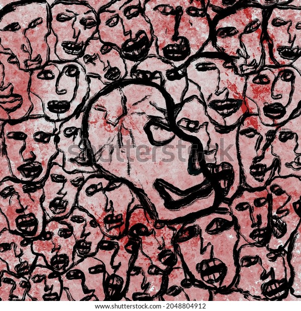 Mental health
disorder consept idea. Schizophrenia disease symptom. Laughing,
shouting and scared heads around one head. Hand drawn illustration
one line art-
background.