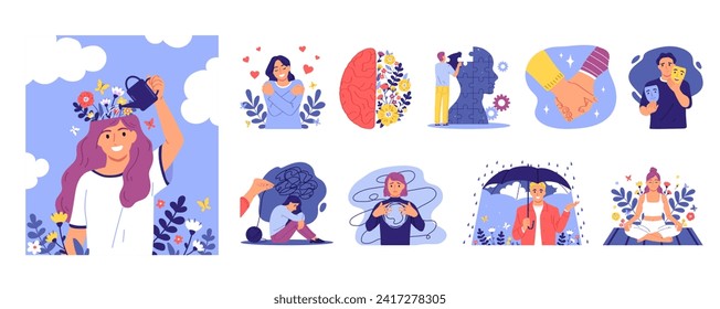 Mental health illustration and icons in flat style - Powered by Shutterstock