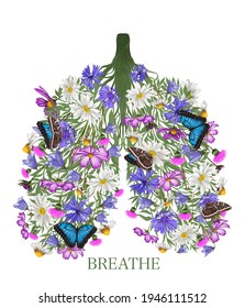 Mental Health. Meditation. Breathing. Meadow Flowers And Butterflies. Lungs Tree Art. 