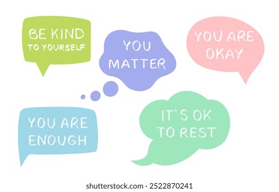 mental health set with Self Care Stickers. Kind Words of Support in multicoloured diolog bubbles. Psychological help, Mental wellness concept. Psychology and psychotherapy, good thoughts - Powered by Shutterstock