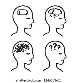 Mental Health Symptoms: Depression, Anxiety, Confusion, Apathy. Black And White Head Silhouette With Illness Symbols. Hand Drawn Vector Icon Illustration.