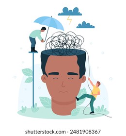 Mental health therapy, support in bad state and crisis illustration. Cartoon tiny people unravel thread and confusion in brain of human head, protect person with umbrella from dark thoughts - Powered by Shutterstock