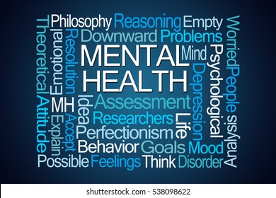 Mental Health Word Cloud On Blue Background