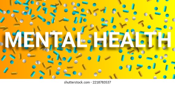 Mental Health World With Shadow On Yellow Gradient Colour And Medicine On Table. Concept For Advanced Medicine Reasearch And Since.