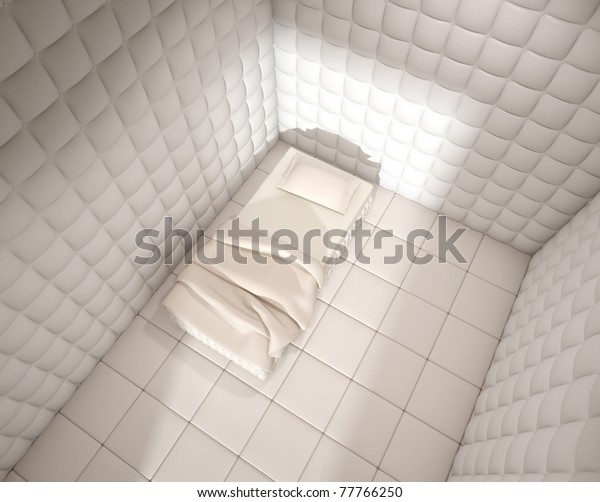 mental hospital padded room seen from above with a\
single bed