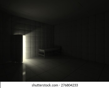 Mental Hospital Room Interior With Opened Door At Night. 3D Rendering