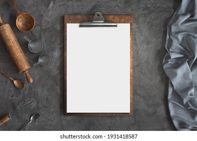 Menu mockup with Kitchen utensils on a Concrete background, Free space for your text. 3D illustration - Powered by Shutterstock