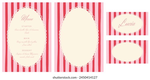 Menu and place card invitation template. Dinner party invitation. Menu template with pink and red striped background. Pattern of lines in invitation and center with waves. - Powered by Shutterstock