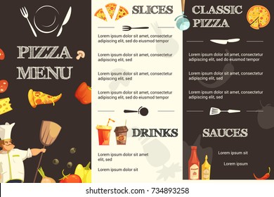 Menu template for restaurant and pizzeria with different kinds of pizza sauces and drinks information  illustration - Powered by Shutterstock