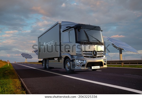 MERCEDES-BENZ E-ACTROS, Electric Truck on\
the highway-3d\
illustration.