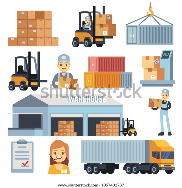 Merchandise warehouse and logistic flat
icons with workers and equipment. Delivery and storage, warehouse
and cargo box
illustration