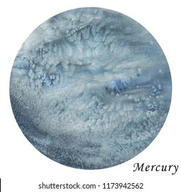 Mercury Planet Watercolour Illustration. Hand Drawn On White Background, Isolated.