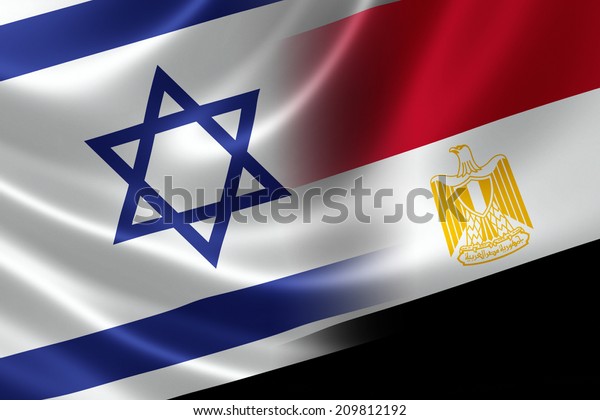 Merged Israeli and Egyptian flag on satin\
texture. Concept of the long political and sometimes tumultuous\
history between the two\
countries.
