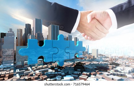 Merger And Acquisition Business Concepts, Join Company On Puzzle Pieces And Handshake, 3d Render