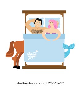 Mermaid And Centaur In Bed. Mythical Love. Magic Lovers. Illustration For Valentines Day. 14th Of February