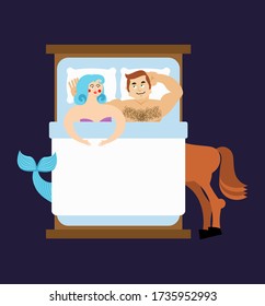 Mermaid And Centaur In Bed. Mythical Love. Magic Lovers. Illustration For Valentines Day. 14th Of February