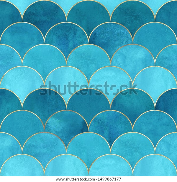 Mermaid fish scale wave japanese magic seamless\
pattern. Watercolor hand drawn bright teal color background with\
gold contour. Watercolour scale shaped texture. Print for textile,\
wallpaper,\
wrapping.