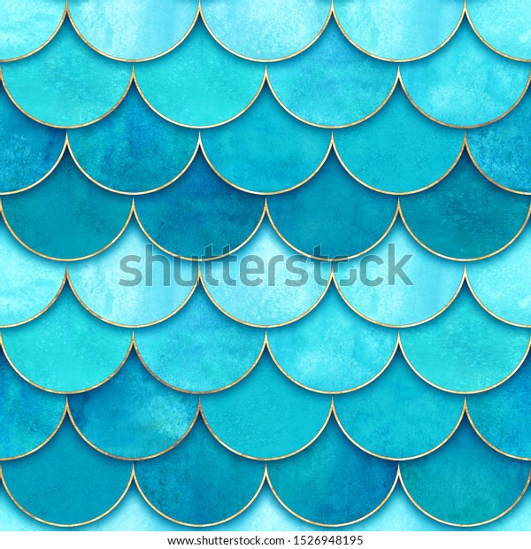 Mermaid fish scale wave japanese seamless\
pattern. Watercolor hand drawn turquoise blue teal background.\
Watercolour scales shaped texture. Paper cut style, 3d effect.\
Print for textile,\
wallpaper.