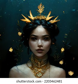 Mermaid Queen Wearing Crown Of Gold In The Deep Dark Ocean