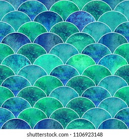 Mermaid scale ocean wave japanese seamless pattern  Watercolor hand drawn bright blue teal texture background  Watercolour geometrical scale shaped elements  Print for textile  wallpaper  wrapping