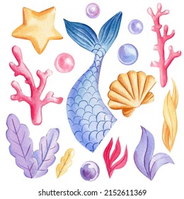 Mermaid Tail, Seashells, Bubbles, Coral And Pearl On An Isolated White Background. Watercolor Drawing