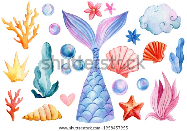 Mermaid Tail Seashells Crown Bubbles Coral Stock Illustration 1958457955