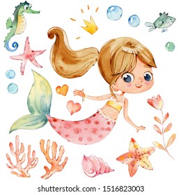 Mermaid Watercolor Character Sea Horse Ocean Kit. Young Underwater Woman Nymph Grace Mythology Princess. Mythical Aquatic Isolated Baby Siren Painting. Coral Element Flat Cartoon Illustration