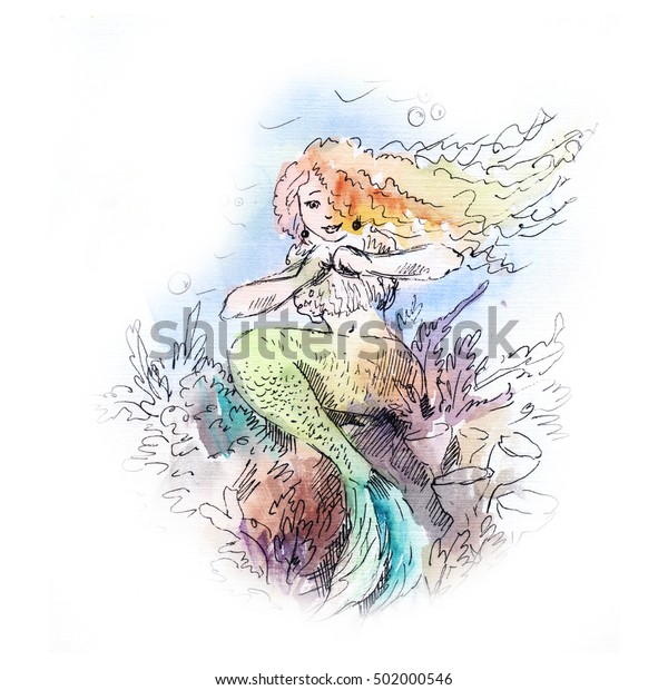 Mermaid Watercolor Painting Sketch Siren Drawing のイラスト素材