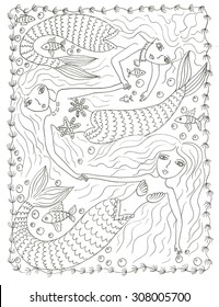 Mermaids Coloring Page Ink Line Art Stock Illustration 308005700 ...