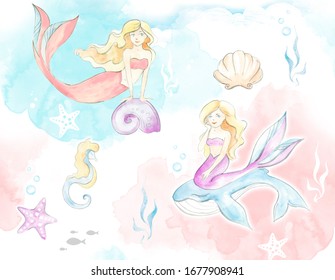 Mermaids Seashells Watercolor Childrens Illustration Stock Illustration ...