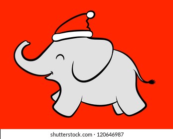 Merry baby cartoon Santa elephant celebrating Christmas with a red Santa Claus hat on its head and its trunk raised in the air, isolated on a colourful red background