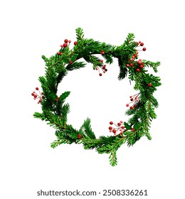 Merry Christmas 3D Illustration.  Christmas wreath 3D. Christmas fir wreath with red berries. Pine wreath. Spruce new year wreath.  - Powered by Shutterstock