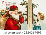 A Merry Christmas (ca.1900s) by Ellen H. Clapsaddle. Vintage Santa Claus calling a kid on phone Christmas art illustration, old Santa Claus and Christmas painting, vintage Christmas art print.